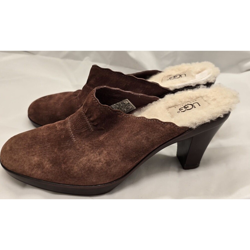 UGG Australia Brown Suede Sheepskin Lined Mule Heels Slip On US 8 EU 39